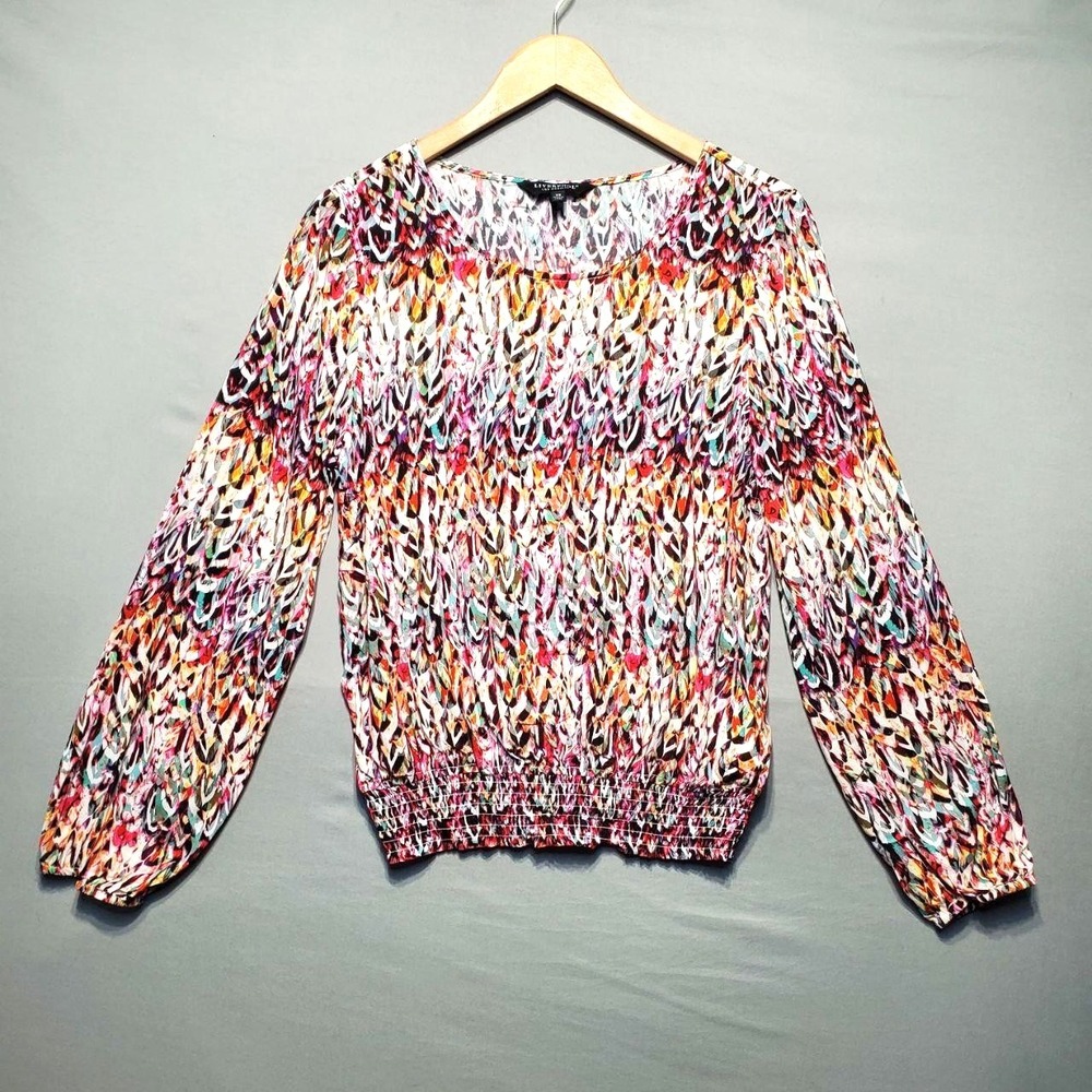Liverpool LA Feather Print Smocked Boho Blouse Women XS Balloon Sleeve Indie Top